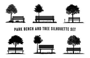 Garden bench With a Tree Silhouette Set, Park Bench and Tree black Clipart Bundle vector