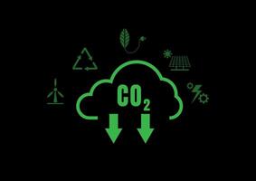 Carbon Dioxide Reduction Concept. Green clouds and the CO2 symbol, down arrow with the icon of electric scooters, solar cells, wind power generating electricity, recycling waste on black background. vector