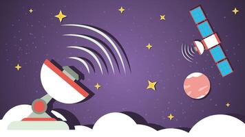 A radio telescope transmits information to a space station in outer space a flat illustration of a childrens doodle vector