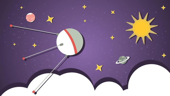 a space satellite is flying in outer space among the planets a flat illustration of childrens doodles