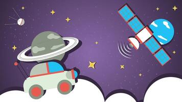 a planetwalker rides against the background of a planet in space a flat illustration of childrens doodles vector