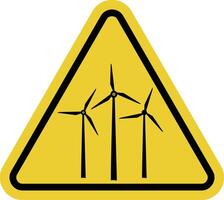 Wind generator sign. Wind turbine sign. Noise or ice falling from wind turbine blades poses a danger to people and equipment. Follow safety instructions. Warning yellow triangular road sign. vector