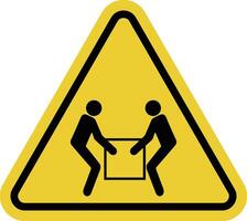 Sign two people lift load. Avoid injuries caused by improper lifting heavy objects. Lift heavy objects using two people to prevent injury and ensure safety work. Warning yellow triangular road sign. vector