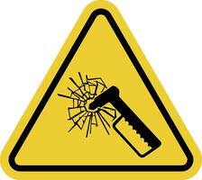 Emergency hammer sign. Location of hammer for breaking glass in an emergency such an accident or fire. Used in buses, trains and buildings to provide rapid evacuation. Warning yellow triangular sign. vector