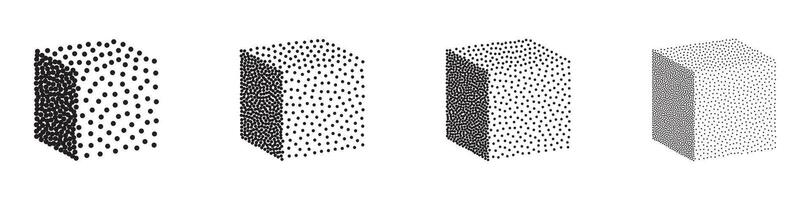 Set of 3D cubes in halftone dotwork style. illustration vector