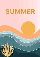 Abstract summer-themed illustration with a minimalist design. Features a stylized sun, rolling waves, and seaweed in warm and cool tones. Ideal for seasonal and beach-related projects. Summer text. vector