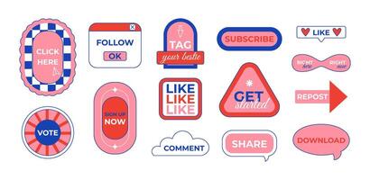 Call-to-action stickers set. Social media. Modern retro flat style. Clickable buttons for web. Vintage nostalgia. Marketing and communication. isolated on white. vector