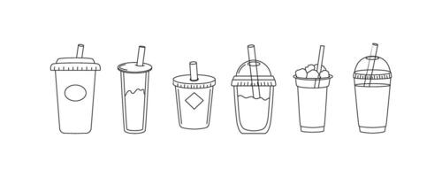 Linear plastic cups and glasses for drinks. Take-away beverages and refreshments. Tableware, glassware. Line art sketch and doodle, icon. isolated on white. vector