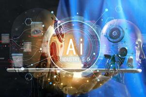 User concept using intelligent robot ai system. Chat with artificial intelligence. AI develops and creates future technology robots in the online world. Industry 5.0 photo