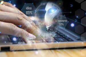 The concept of technology and people using AI to help with work. Learning AI and Artificial Intelligence Business with internet and network technology. AI technology in life. photo