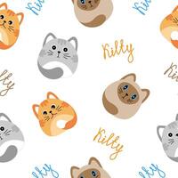 Seamless pattern with many different red, grey, siamese cats on white background. Illustration for children. vector
