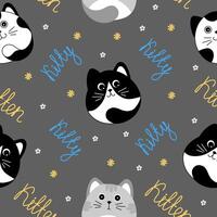 Seamless pattern with many different grey, black and white cats on grey background. Illustration for children. vector