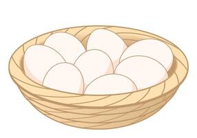 egg, white hen eggs in a wicker basket bowl, color illustration isolated on white background vector