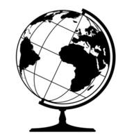 Earth globe spherical model - world map with continents on planet Earth, black and white illustration on white background vector