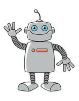 robot, color cartoon illustration of humanoid robot with waving hand, isolated on white background vector