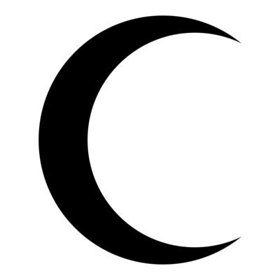 crescent moon shape symbol, black and white silhouette illustration of simple lunar phase isolated on white background