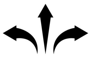 arrow shape symbol set - pointed arrow pointing to the left, right and straight forward, black and white silhouette illustration, isolated on white background vector