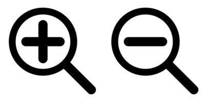 magnifying glass silhouette shape with plus and minus, zoom in and out symbol, black and white illustration icon set, isolated on white background vector