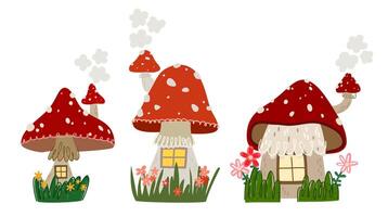 Fantasy mushroom fly agaric house. Forest mushroom fairy home. Agaric with windows. Hand drawn style. drawing. Collection of elements. Forest vector