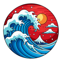 A circular design showcases a powerful blue wave crashing towards a mountain with a bright sun and red sky in the background. png