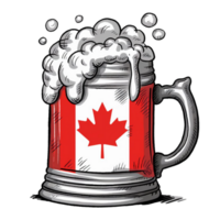A beer mug painted with the Canadian flag overflows with frothy foam png