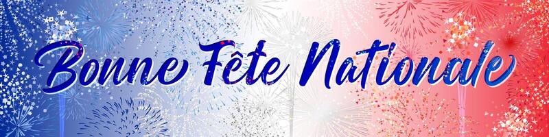 Happy National Day French congrats, horizontal decorative banner. Web button. Shiny fireworks with clipping mask. Holiday backdrop. Editable design. Creative clip art. Cute congrats. Festive style. vector