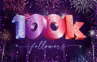 100K followers greeting card design. Festive background with shiny glitters. Colorrful fireworks with clipping mask. Thanks 100 000 subscribers blogging poster concept. Holiday backdrop with night sky vector