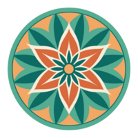 A symmetrical design features a stylized floral motif with six green petals and a central pattern of orange and white shapes png