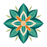 A symmetrical design features a stylized floral motif with six green petals and a central pattern of orange and white shapes png