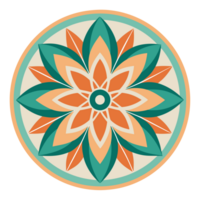 A symmetrical design features a stylized floral motif with six green petals and a central pattern of orange and white shapes png