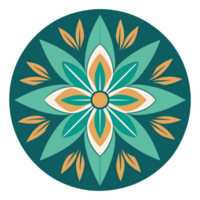 A symmetrical design features a stylized floral motif with six green petals and a central pattern of orange and white shapes png