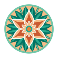 A symmetrical design features a stylized floral motif with six green petals and a central pattern of orange and white shapes png