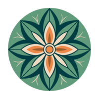 A symmetrical design features a stylized floral motif with six green petals and a central pattern of orange and white shapes png