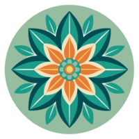 A symmetrical design features a stylized floral motif with six green petals and a central pattern of orange and white shapes png