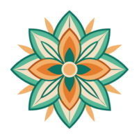 A symmetrical design features a stylized floral motif with six green petals and a central pattern of orange and white shapes png