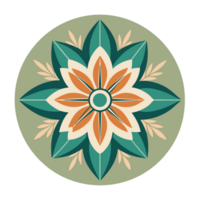 A symmetrical design features a stylized floral motif with six green petals and a central pattern of orange and white shapes png