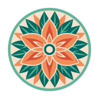 A symmetrical design features a stylized floral motif with six green petals and a central pattern of orange and white shapes png