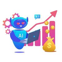 improving sales using an AI robot. Robot AI with hearts in eyes. Trading bot Stock trading concept Artificial intelligence dollar bag Abstract background vector