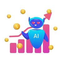 improving sales using an AI robot. Robot AI with hearts in eyes. Trading bot Stock trading concept Artificial intelligence dollar bag Abstract background vector