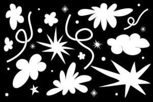 Groovy playful organic shape Funky abstract cloud and stars Abstract doodle flowers figure on black background Sticker pack in trendy retro 90s 00s style vector