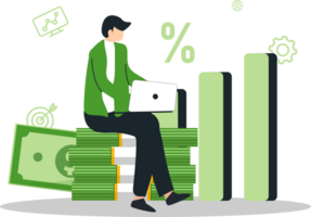money illustration investment data. research strategy invetsment youn people analysis stock market for income profitable. isolated on white background. png