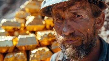 A Workers carry gold bars up a mountain in a mining field. photo