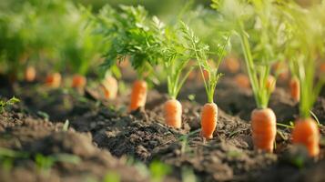 Close-up shot of carrots growing in a field. Fresh carrot plants in focus photo