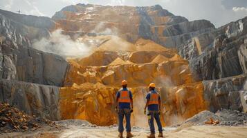 Workers wearing hard hats and safety vests inspect a mountain of gold bars in a dusty mine area. photo