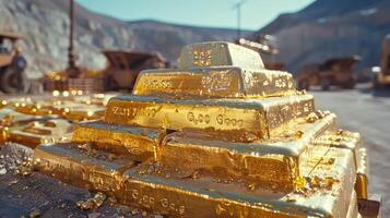 Workers inspecting and recording a mountain of gold bars on a mining field. photo