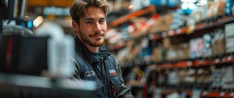 A technician installs a POS system in a business location, dressed in company attire to convey professionalism and expertise. photo