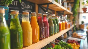 Colorful organic smoothies and fresh juices Colorful fruits and vegetables visible in glass jars on the counter. photo