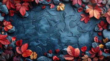 Autumn background with red leaves on a blue slate background. Top view. Copy space. photo