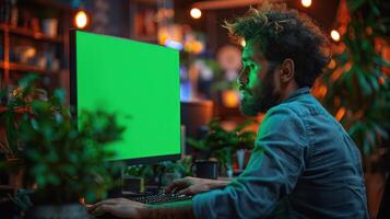 A man working with computer A green screen appears on the monitor to facilitate post-production editing. Professional atmosphere Focused work environment photo