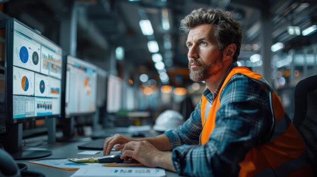 A Engineer sitting at desk in front of monitor in modern office space The display is slightly blurry with depth of field blurring. On the monitor were some charts and diagrams. photo